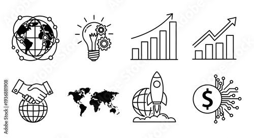 Set of Outline Icons Representing Global Business, Innovation, and Finance on Isolated White Background