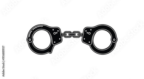 A stark black and white illustration depicts a pair of closed handcuffs symbolizing restraint and legal justice