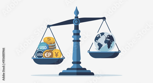Balance Scale Weighing Multiple Currency Coins and World Globe Representing Global Finance on Light Background