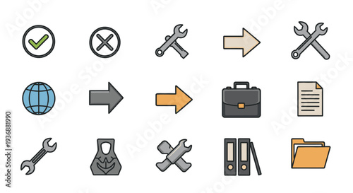 Collection of Business and Tool Icons Set: Check, Cross, Wrenches, Arrows, Globe, Briefcase, Document, Folders