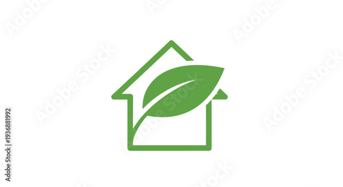 Simple green house icon with leaf symbolizing eco-friendly home.