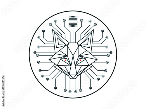 Geometric fox head with circuit board pattern and red eyes, symbolizing technology and intelligence.