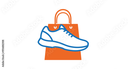 Blue running sneaker placed in an orange paper shopping bag on an isolated white background, illustrating online footwear shopping