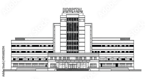 Line drawing depicts a symmetrical hospital building with a prominent hospital sign atop high quality professional