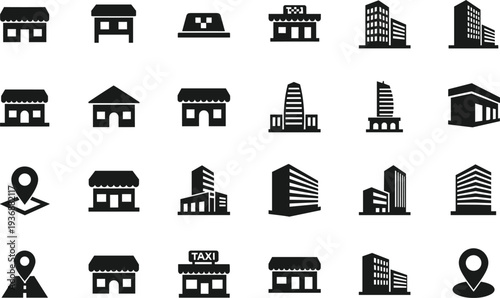 City buildings and location markers silhouette icon set shop taxi office vector symbols collection