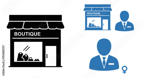 Boutique storefront and customer icons in black and blue representing retail business on an isolated white background.