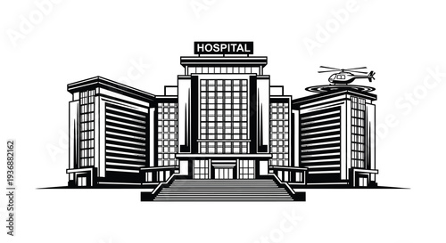 A black and white illustration depicts a hospital building with a helicopter landing on its roof