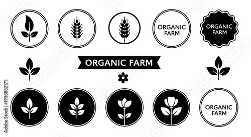 Organic farm and product certification icons featuring leaf, wheat, and flower symbols in black and white on an isolated white background.