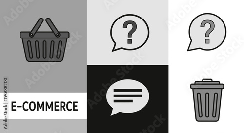 E-commerce business icons featuring shopping cart, question marks, chat bubble, and trash bin with 'E-COMMERCE' text on a monochromatic background.