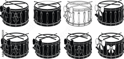 Vintage snare drum collection illustration, military marching band percussion instruments, classic drum set silhouettes, musical equipment engraving style vector