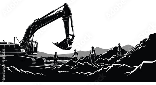 A black and white illustration depicts a large excavator working near construction workers and a hillside high quality