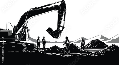 A black and white illustration depicts an excavator and construction workers at a dig site high quality professional