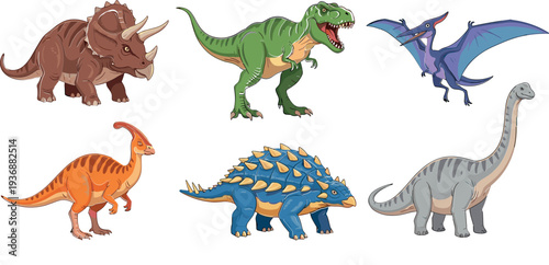 Colorful Dinosaur Cartoon Character Set with Tyrannosaurus Triceratops Pterodactyl Ankylosaurus Parasaurolophus and Brachiosaurus Prehistoric Animals Vector Illustration Collection