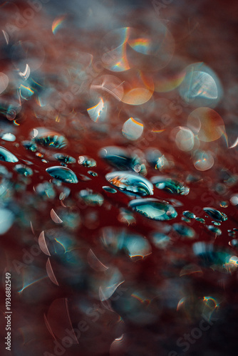 Abstract macro of water drops on red surface with bokeh background
