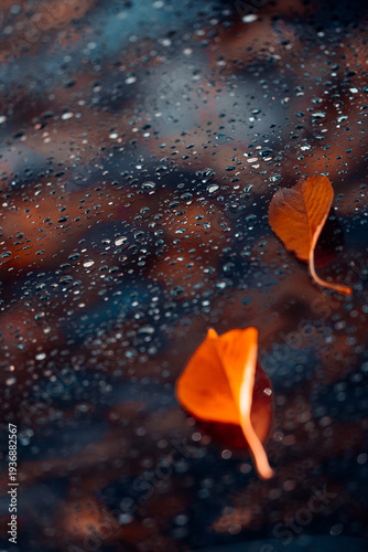 Autumn leaves on wet glass surface with rain drops background