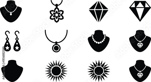 Jewelry icon set silhouette collection, necklace pendant earrings diamond symbols, fashion accessory vector, minimalist black jewelry design isolated illustration