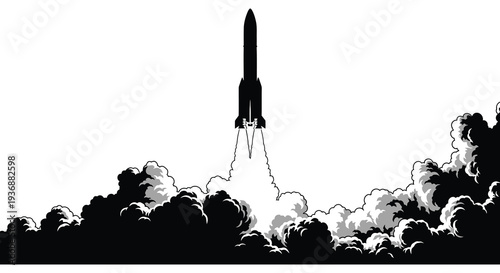 A stylized black and white illustration of a rocket launching through clouds with exhaust plumes