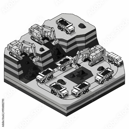 Coal Mining Operation with Excavators and Trucks.