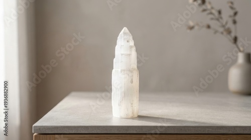 Selenite crystal tower on grey stone surface
