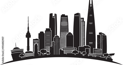 City skyline illustration with skyscrapers and modern buildings isolated on transparent background