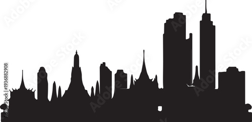 City skyline silhouette illustration with diverse architecture and tall buildings isolated on white background