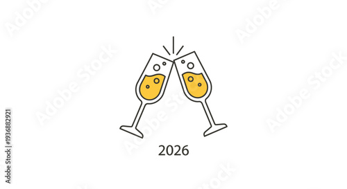 Simple line art illustration of champagne glasses celebrating New Year 2026.