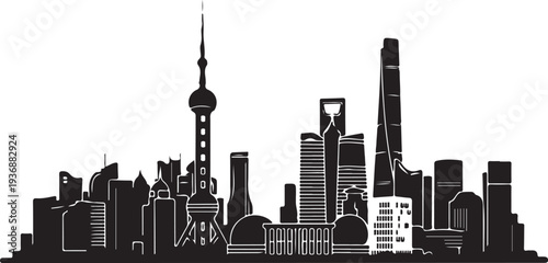 City skyline silhouette with modern skyscrapers and iconic architecture in a graphic illustration