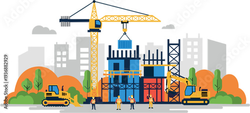 Construction site vector illustration featuring tower crane, workers and heavy machinery building modern structure in urban development scene