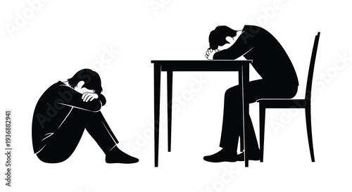 Two figures in distress one seated and one curled up conveying feelings of sadness and despair