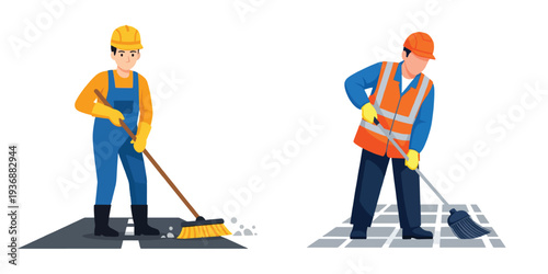 Road workers sweeping pavement with brooms