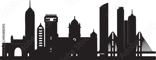 City skyline silhouette with various architectural styles and buildings isolated on transparent background