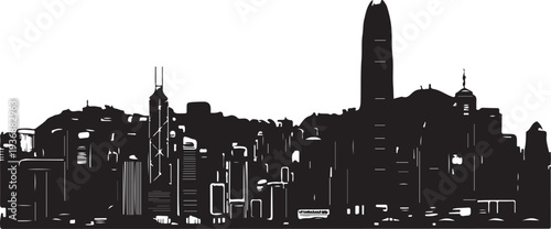City skyline with tall buildings and skyscrapers in a graphic illustration style