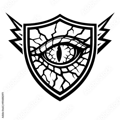 Mystical Dragon Eye Emblem with Cracked Shield and Electric Lightning Wings, a Potent Symbol of Ancient Power and Guarded Secrets, Perfect for Fantasy Logos, Gaming Icons, and Striking Tattoo Designs