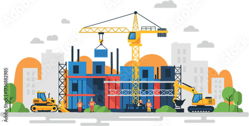 Construction Site with Crane Excavator Bulldozer and Workers Building Modern City Infrastructure Flat Vector Illustration Urban Development Engineering Concept