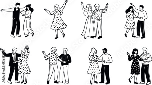 Couple dancing poses collection vector illustration featuring men and women performing ballroom and social dance movements isolated set