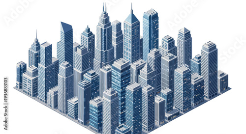 Isometric pixel art cityscape with modern skyscrapers and buildings on white background.