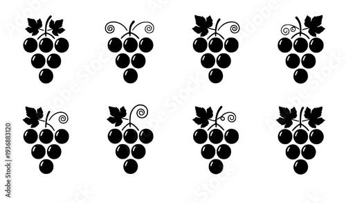 Minimal Colorful Grape Bunch Icon Set with Leaves Vector