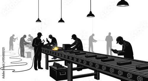 A detailed illustration depicts workers along a factory assembly line performing various tasks high quality professional
