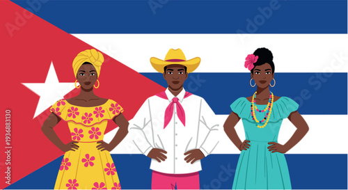 Cuban traditional people with national flag vector illustration featuring man and women in colorful cultural clothing representing Cuba heritage