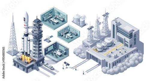 Space Rocket Launch Pad and Mission Control isometric illustration
