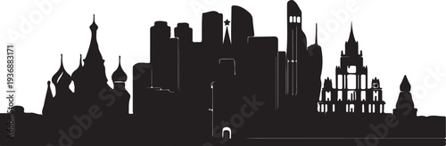 Silhouette of city skyline with diverse architectural styles and tall buildings isolated on transparent