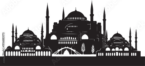 Silhouette of blue mosque in istanbul turkey with domes and minarets illustration