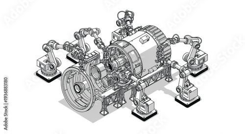 Robotic Arms Assembling Futuristic Industrial Machine - 3D Render