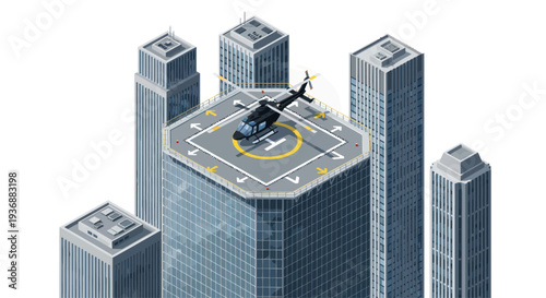 Helicopter landing pad on skyscraper rooftop with modern city buildings background