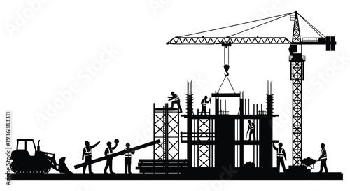 A black silhouette depicts a construction site with workers a crane and building framework high quality