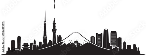 Tokyo cityscape with mount fuji and skyscrapers in silhouette style landscape view