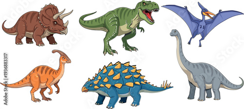 Dinosaur collection vector illustration featuring triceratops, tyrannosaurus, pterodactyl, brachiosaurus and ankylosaurus in colorful cartoon prehistoric animal set