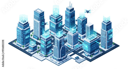 Futuristic Smart City Isometric 3D with Drones and Holograms