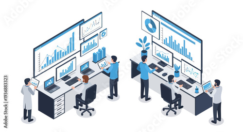 Isometric Data Analysis Team Working on Computers with Charts and Graphs