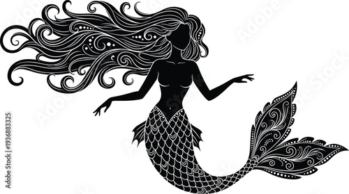 Mermaid silhouette illustration, fantasy sea siren with flowing hair black vector isolated design collection